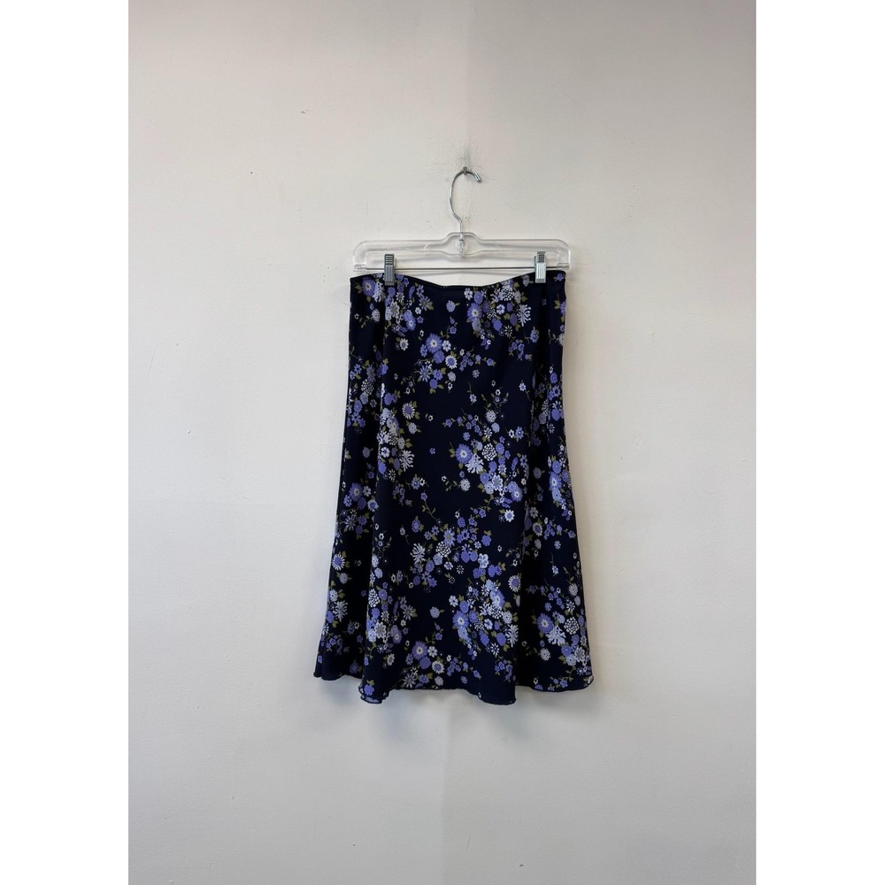 VTG Tabloid Skirt Womens 10 28" Blue Floral A-Line Midi Polyester‎ Casual Y2K